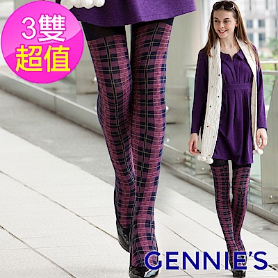 Gennies專櫃-3入組*時尚格紋彈性棉孕婦專用褲襪(粉格)GM71