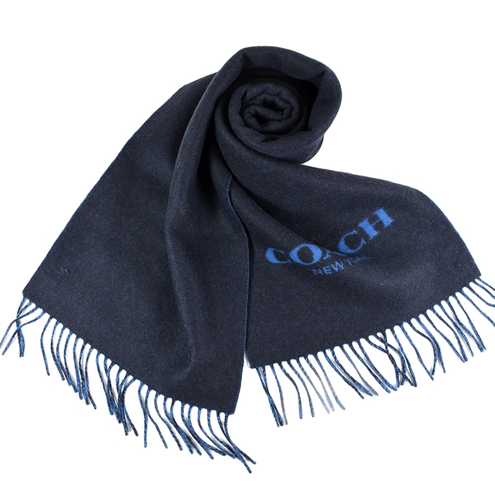 COACH 雙面用羊毛流蘇圍巾-藍色