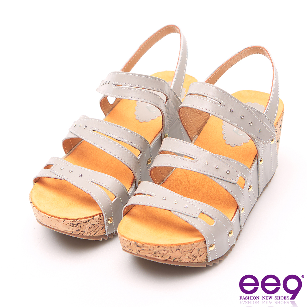 ee9 MIT經典手工鑲嵌亮鑽金屬鉚軟木紋楔形跟涼鞋 灰色