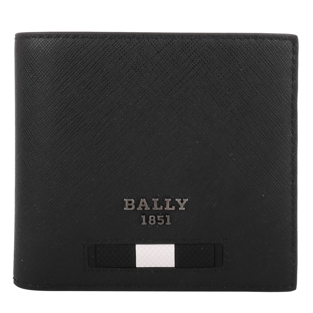 BALLY 金屬銀字&黑白橫條防刮皮革雙折短夾(黑)