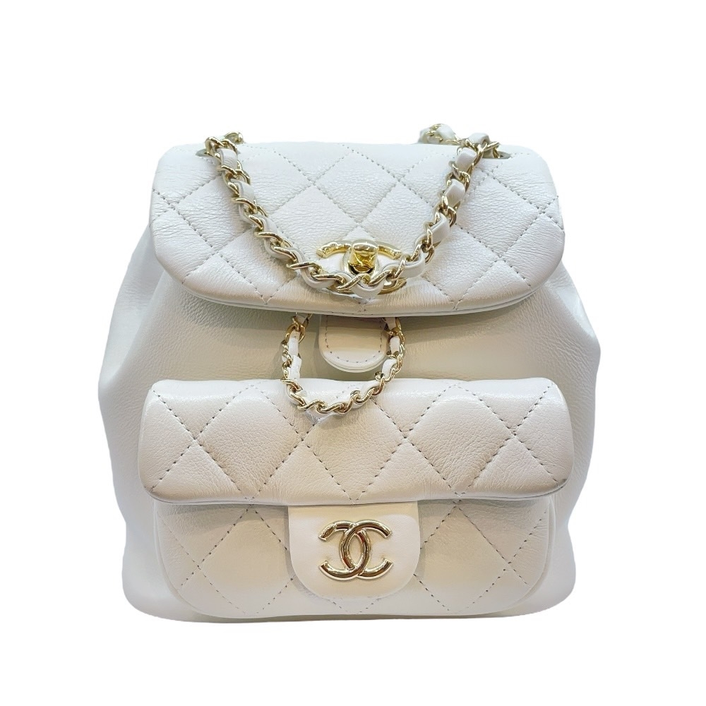 二手品 CHANEL 香奈兒 22A Duma經典金色雙C LOGO菱格小羊皮雙肩後背包(小號/白色)