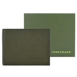 LONGCHAMP LE FOULONNÉ系列牛皮雙折零錢袋多卡短夾(卡其綠)