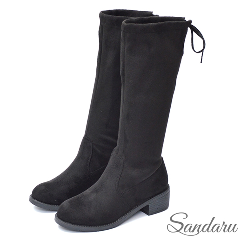 山打努SANDARU-長筒靴 可調節素色粗跟膝下長靴