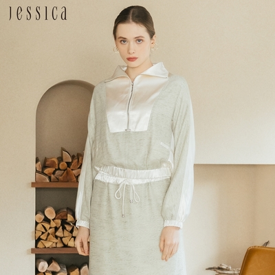 JESSICA - 休閒百搭拼接緞面拉鏈鬆緊腰上衣J35301（綠）