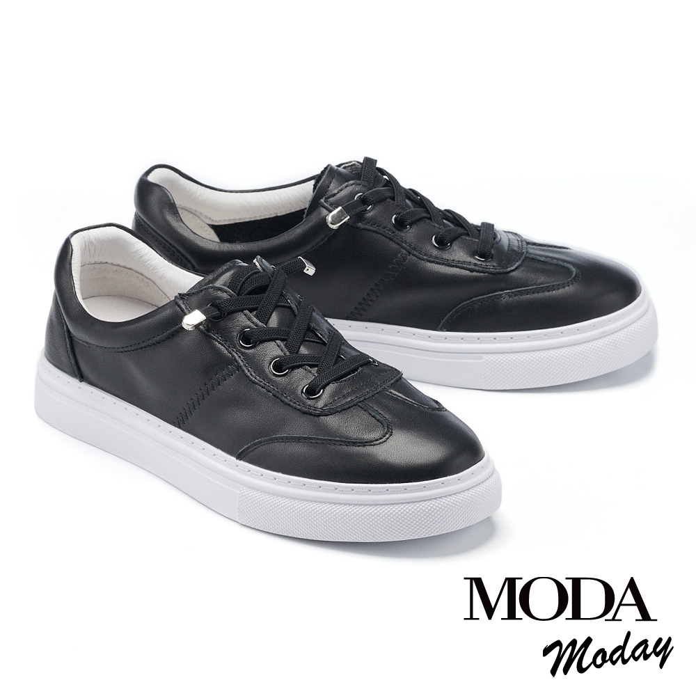 休閒鞋 MODA MODAY 經典簡約綁帶牛皮厚底休閒鞋－黑