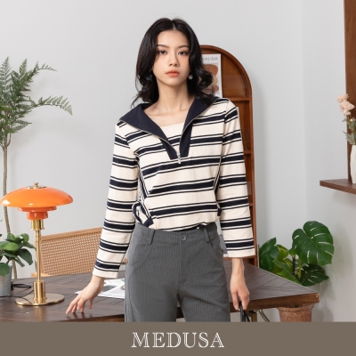 現貨【MEDUSA 曼度莎】水手領橫紋休閒上衣（M-XL）｜女上衣 長袖上衣 休閒上衣