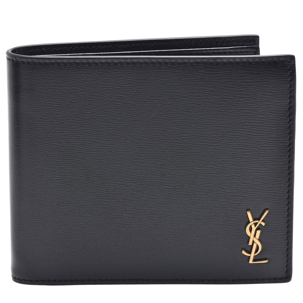 YSL 經典金色品牌LOGO小牛皮摺疊短夾(黑色)