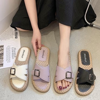 LN  現+預 韓版平底金屬扣涼拖鞋(居家外出/休閒鞋)