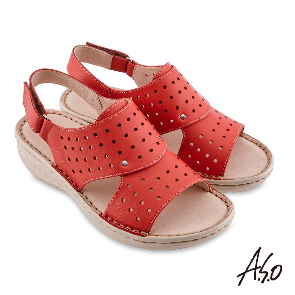 A.S.O 機能休閒 輕量樂活沖孔設計休閒涼鞋-紅