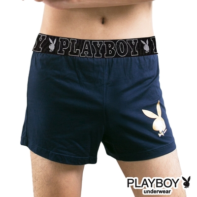 PLAYBOY 彈性精梳棉素色燙金兔頭寬鬆四角褲-大字母織帶-單件(丈青)