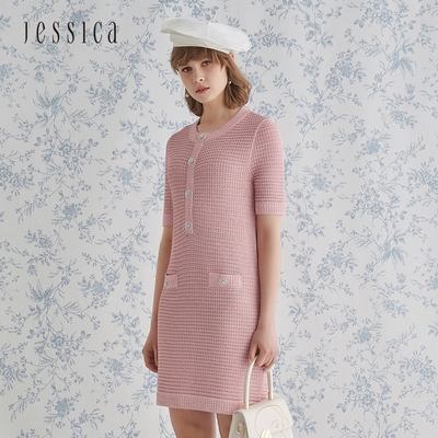 JESSICA - 優雅舒適精緻鑲邊短袖針織洋裝（粉色）
