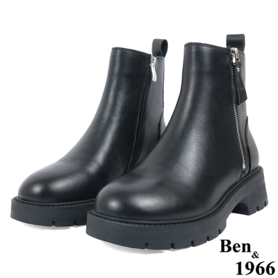 Ben&1966高級頭層牛皮側拉鍊造型短靴-黑(237241)