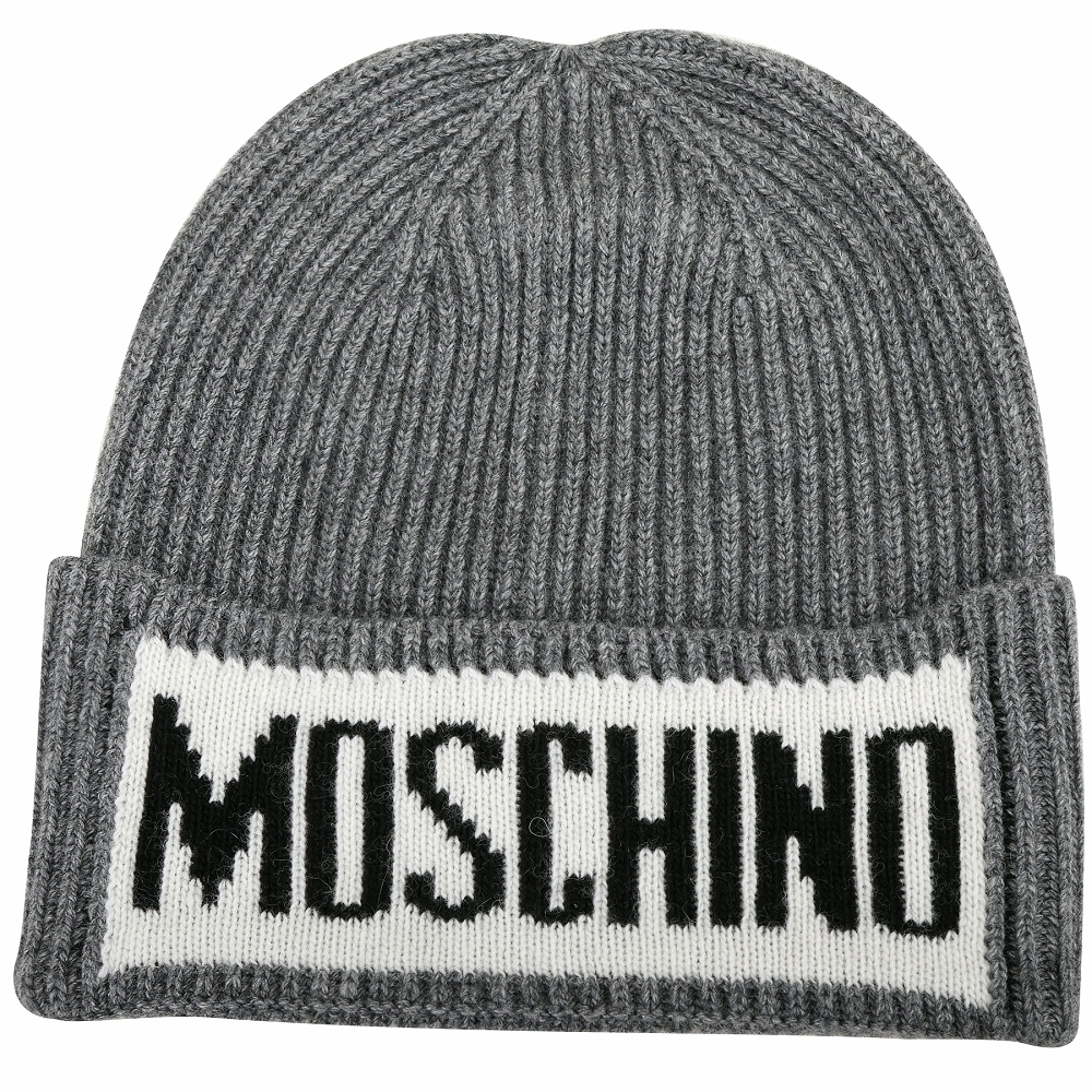 MOSCHINO 字母粗針織反摺羊毛帽(灰色)