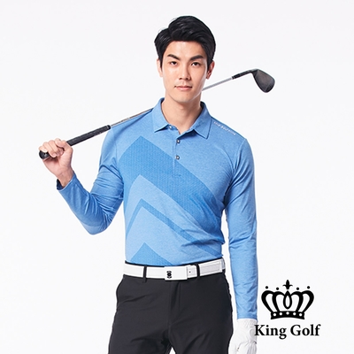【KING GOLF】男款雪花布紋大線條印圖薄款長袖POLO衫-藍色