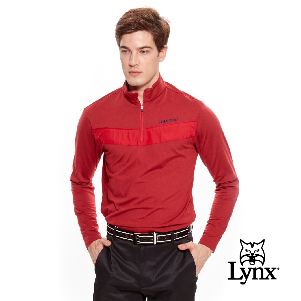 【Lynx Golf】男款風衣布剪接內刷毛保暖長袖立領POLO衫-暗紅色
