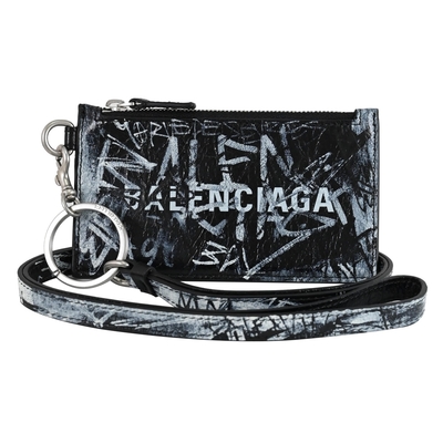 BALENCIAGA 巴黎世家 品牌LOGO塗鴉風小羊皮頸掛式卡片零錢包(黑白)