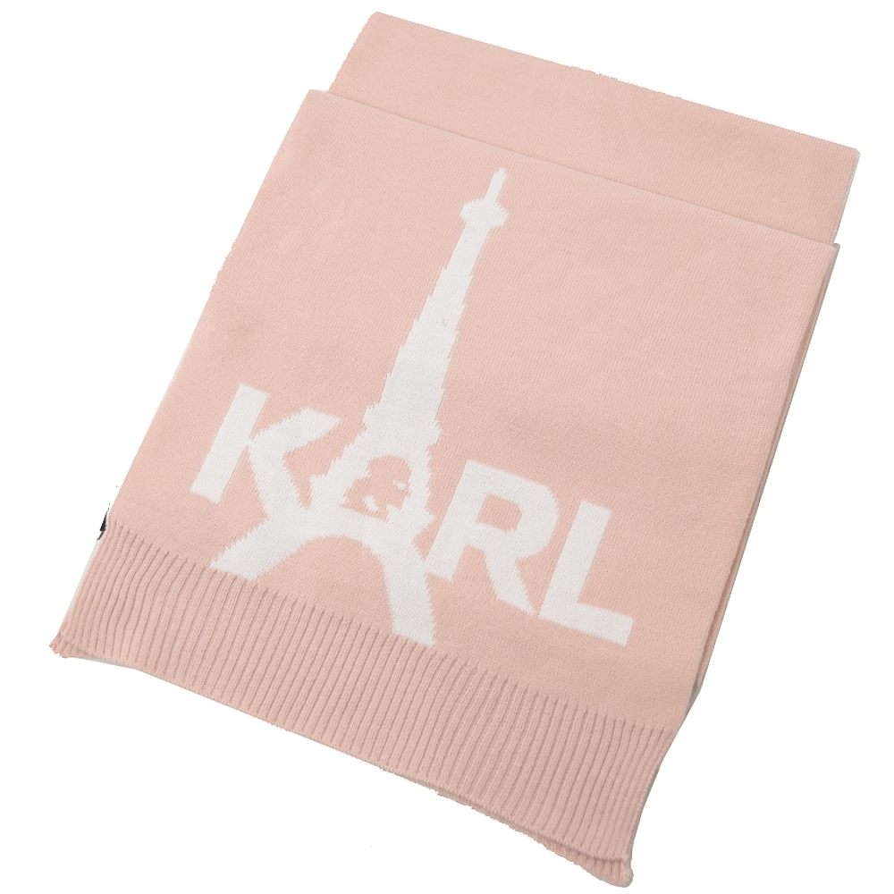 KARL LAGERFELD 卡爾鐵塔LOGO圖樣針織長型圍巾(粉)