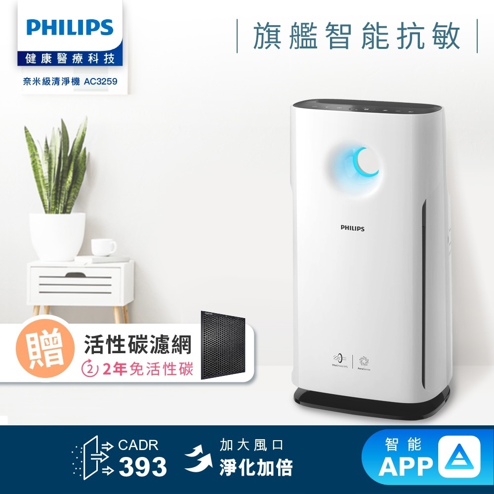 PHILIPS飛利浦 Wifi旋風級抗敏空氣清淨機 AC3259 送濾網