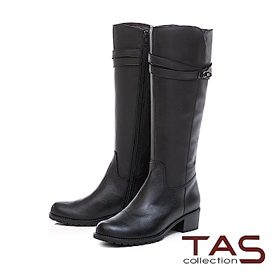 TAS 交叉金屬皮帶扣素面壓紋牛皮長靴-簡約黑