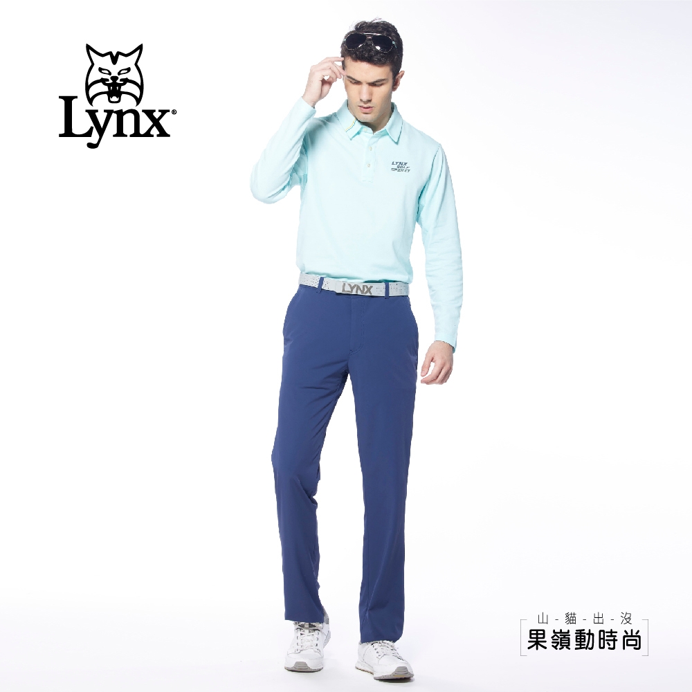 【Lynx Golf】男款吸濕排汗易溶紗材質後口袋袋蓋設計平口休閒長褲-深藍色