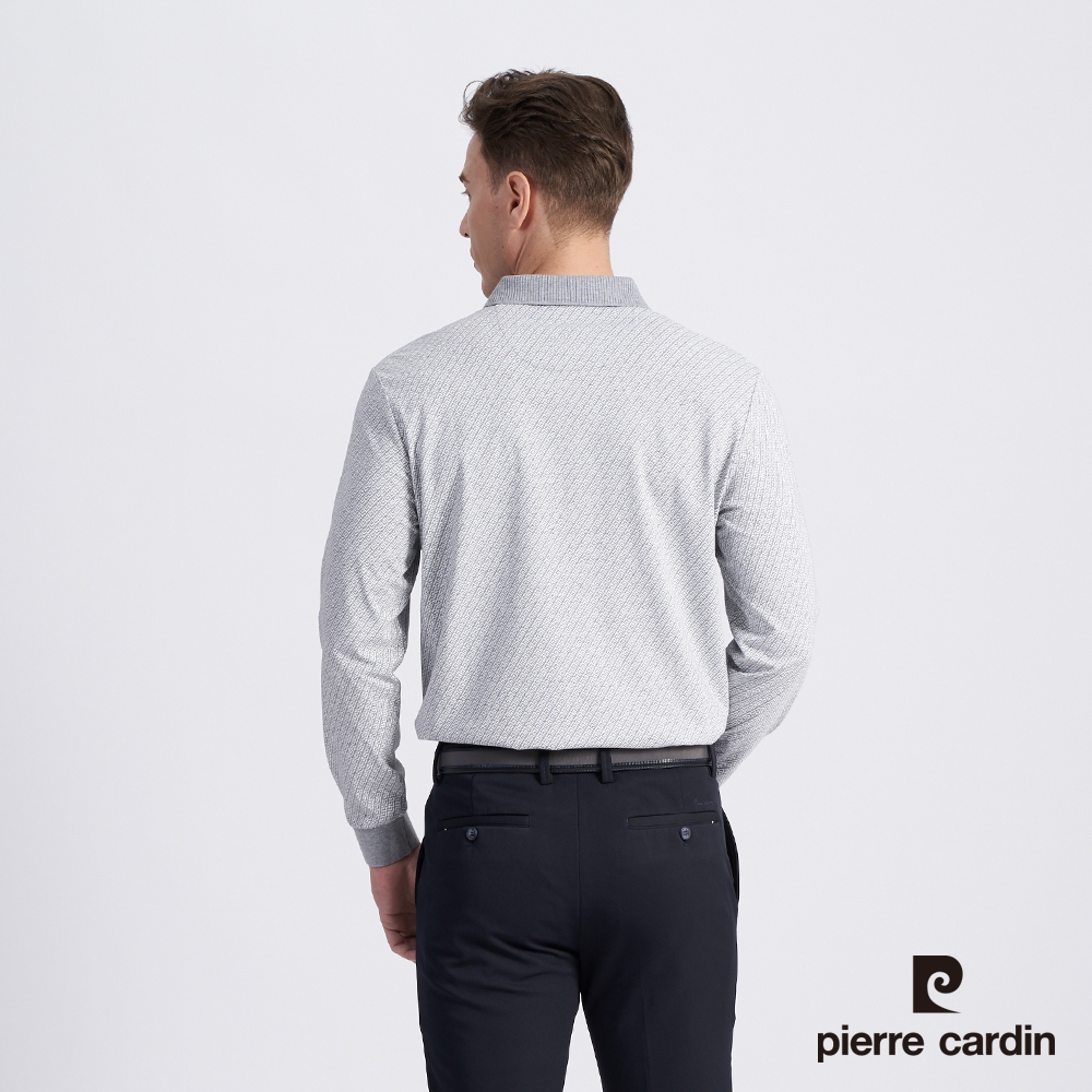 Pierre Cardin皮爾卡登 男款 棉質混紡印花薄長袖POLO衫-灰色 (5215208-95)