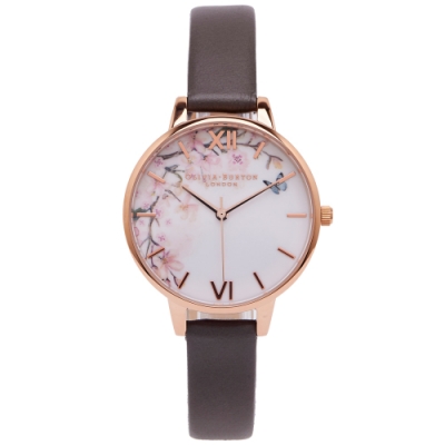 Olivia Burton 櫻語弄蝶皮革錶帶手錶(OB16EG122)-白面/34mm