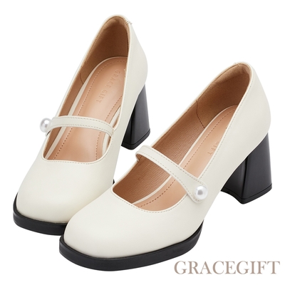 【Grace Gift】時尚圓頭珍珠中高跟瑪莉珍芭蕾舞鞋 米白