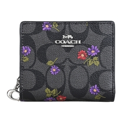 COACH Snap電鍍銀LOGO PVC結合牛皮可愛花卉3卡按釦短夾(炭黑x深漿果x多色)