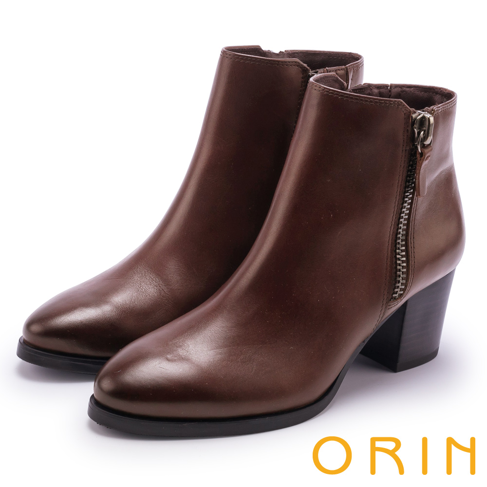 ORIN 流行個性元素 雙側拉鍊素面低跟短靴-咖啡