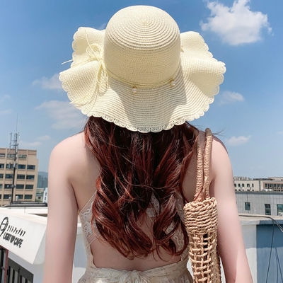 【KISSDIAMOND】甜美浪漫珍珠蝴蝶結草帽(防曬/氣質/編織帽/KDH-D59)