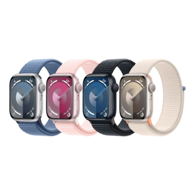 (時時樂)Apple Watch S9 GPS 41mm 鋁金屬錶殼配運動錶環-銀鋁/藍運動