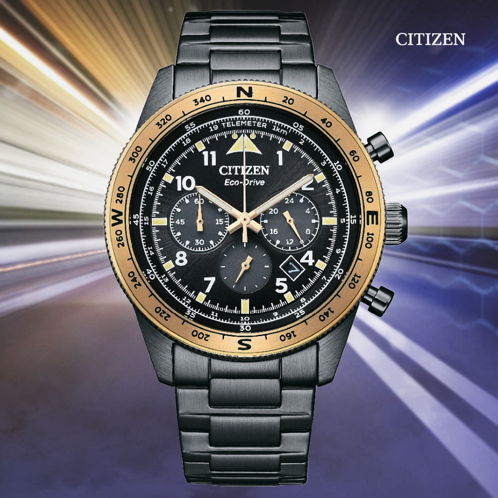 CITIZEN 星辰 Chronograph 光動能 碼錶計時三眼不鏽鋼腕錶-黑金43mm(CA4556-89E 防水100米)