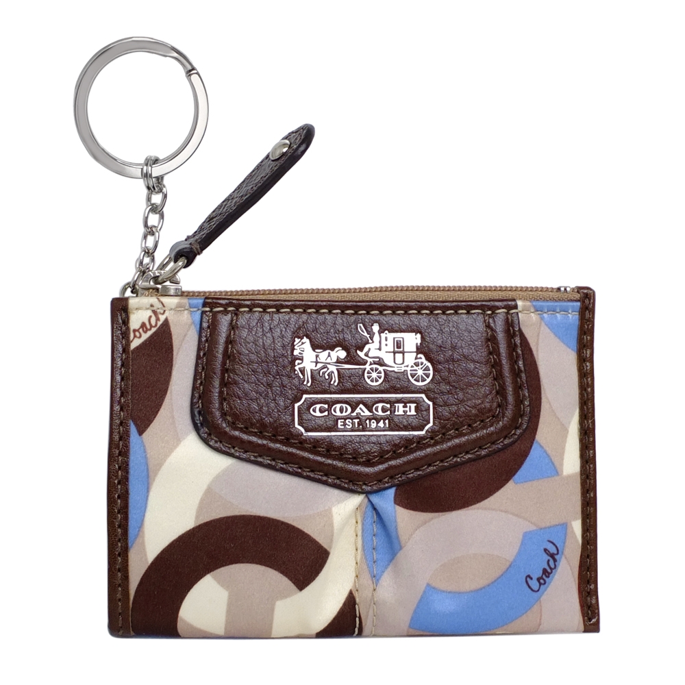 COACH藍咖彩C Logo緞面馬車圖印經典鑰匙零錢包
