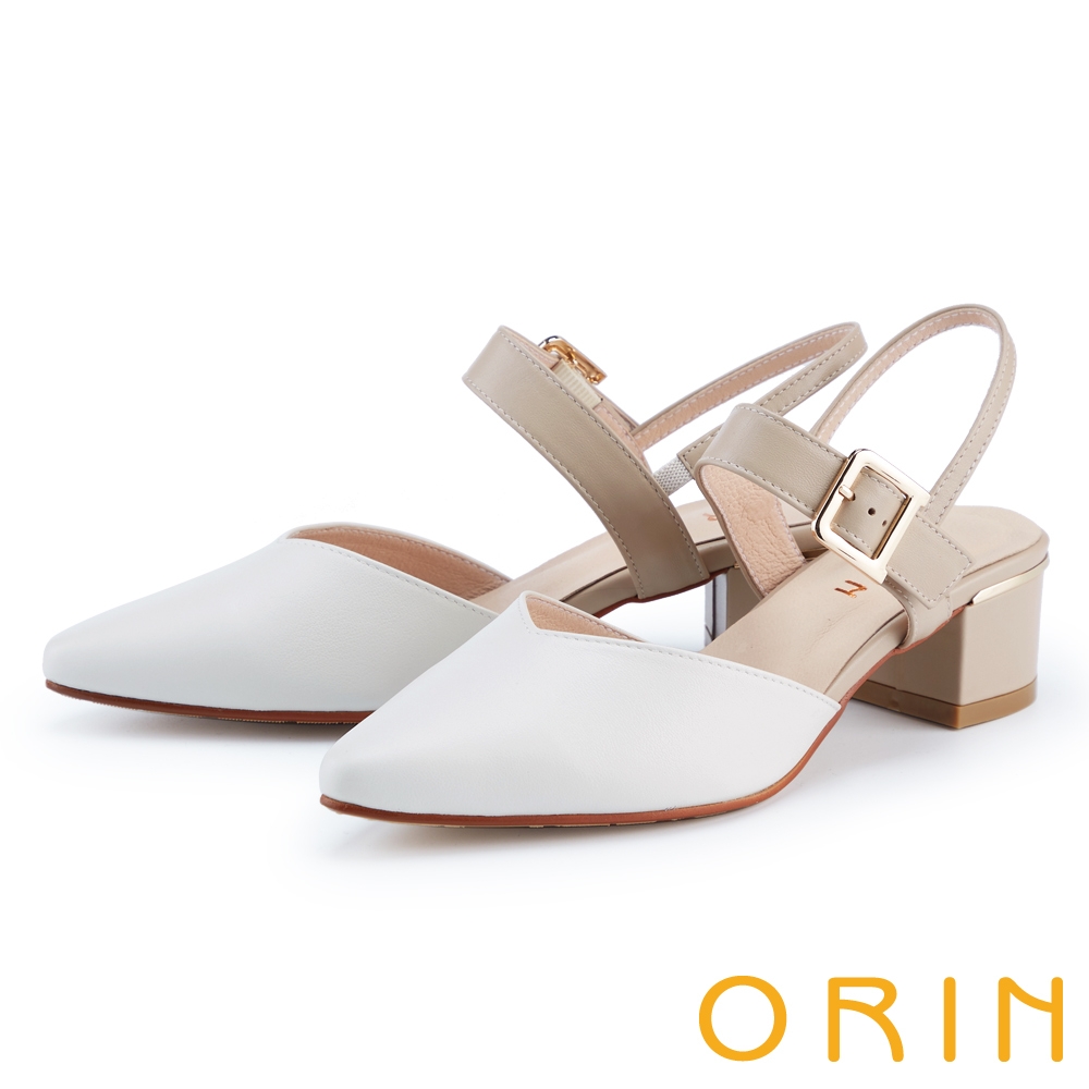 ORIN 氣質皮帶金釦牛皮尖頭穆勒中跟鞋 米白