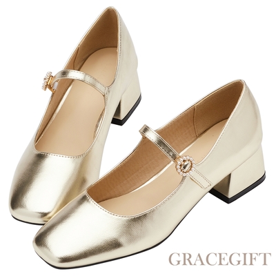 【Grace Gift】素面珍珠圓釦細帶中跟瑪莉珍鞋 淺金