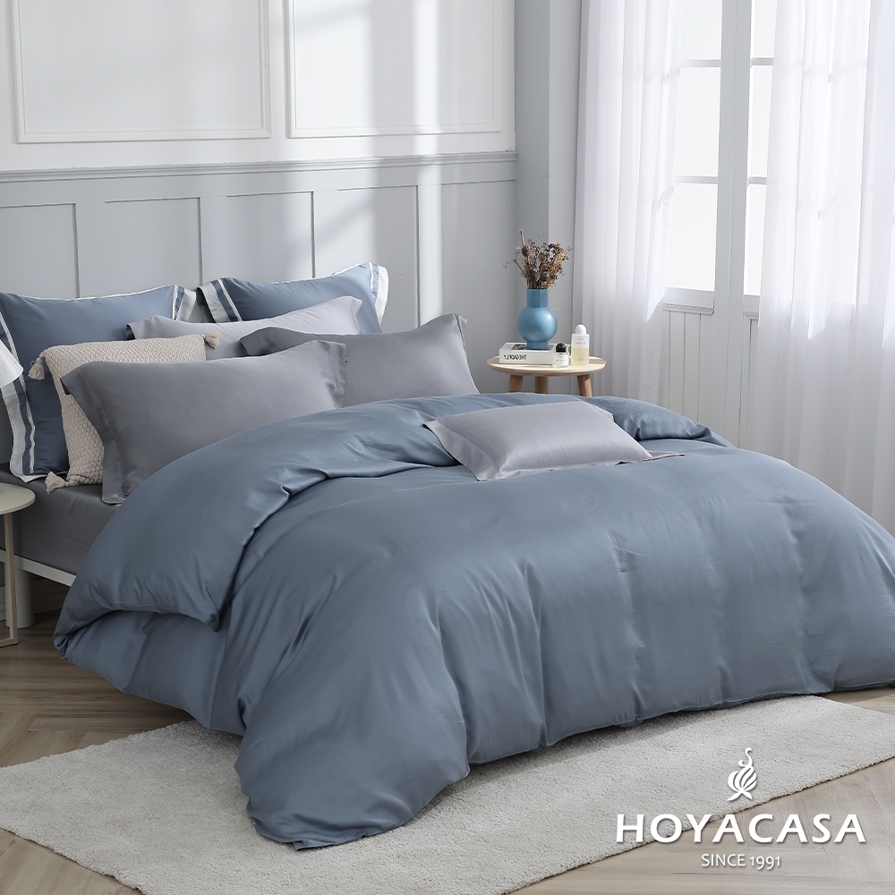 HOYACASA 300織萊賽爾天絲被套床包四件組-多款任選(雙人/加大均一價) (沉穩灰藍)