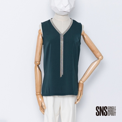 SNS 典雅素色珠鍊V領無袖造型上衣(1色)