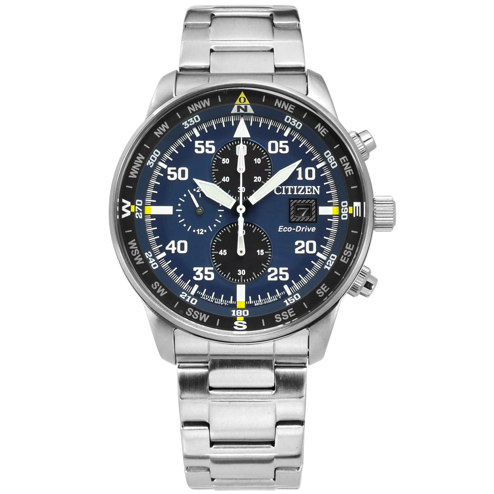 CITIZEN 光動能 計時 日期 防水 不鏽鋼手錶-藍黑色/44mm
