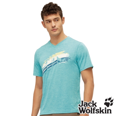 【Jack wolfskin 飛狼】男 V領印花短袖排汗衣 狼家族概念T恤『翠湖藍』