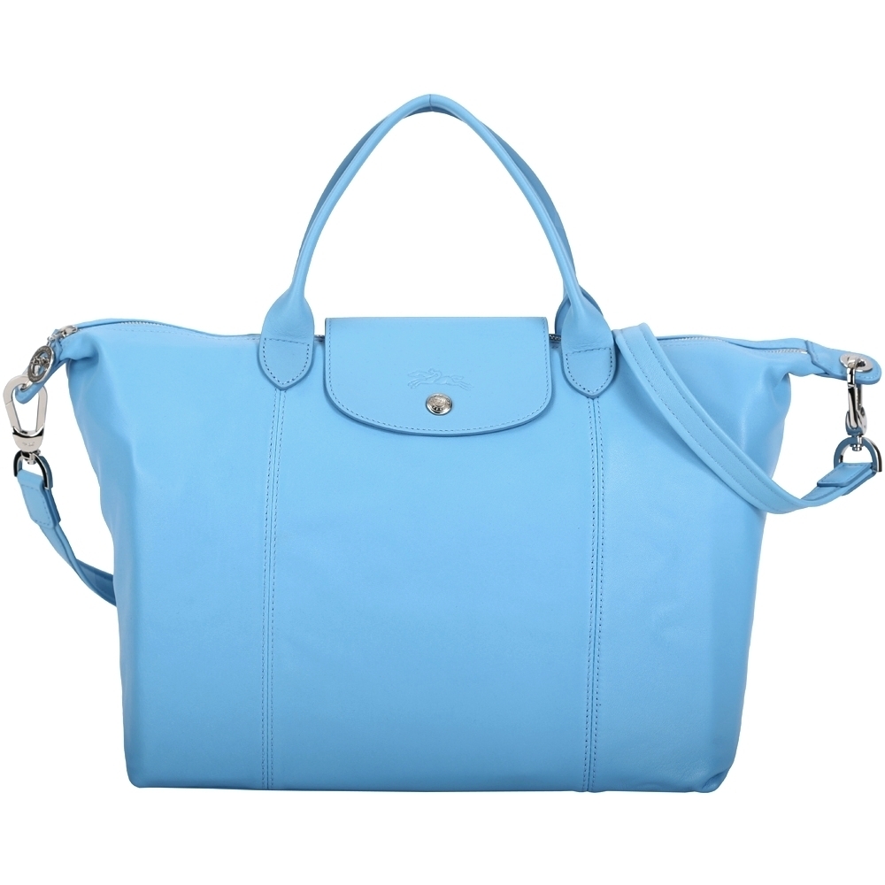 LONGCHAMP Le pliage Cuir 短把皮革摺疊兩用包(中/水藍色)