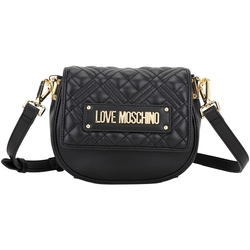 LOVE MOSCHINO 金屬字母菱格皮革翻蓋斜背馬鞍包(黑色)