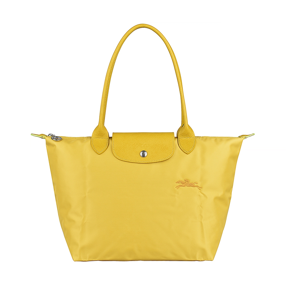 LONGCHAMP LE PLIAGE GREEN刺繡LOGO再生尼龍拉鍊肩背包(小/粉黃)