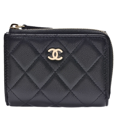 CHANEL 經典金色雙C LOGO菱格粒紋牛皮暗扣三折短夾(黑色)