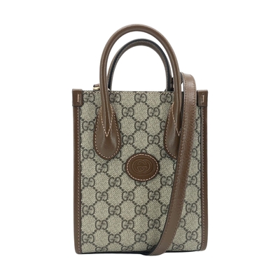 Gucci Interlocking 帆布手提斜背二用包(671623-咖)