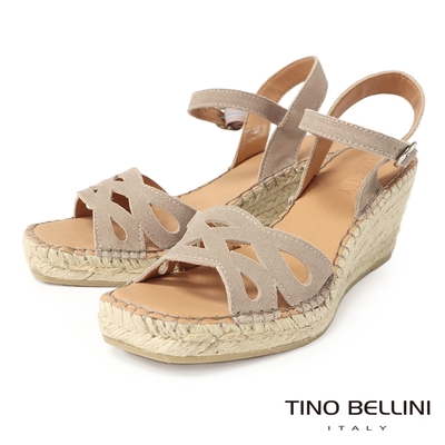 Tino Bellini 西班牙進口牛麂皮蝶型簍空麻編楔型涼鞋-米