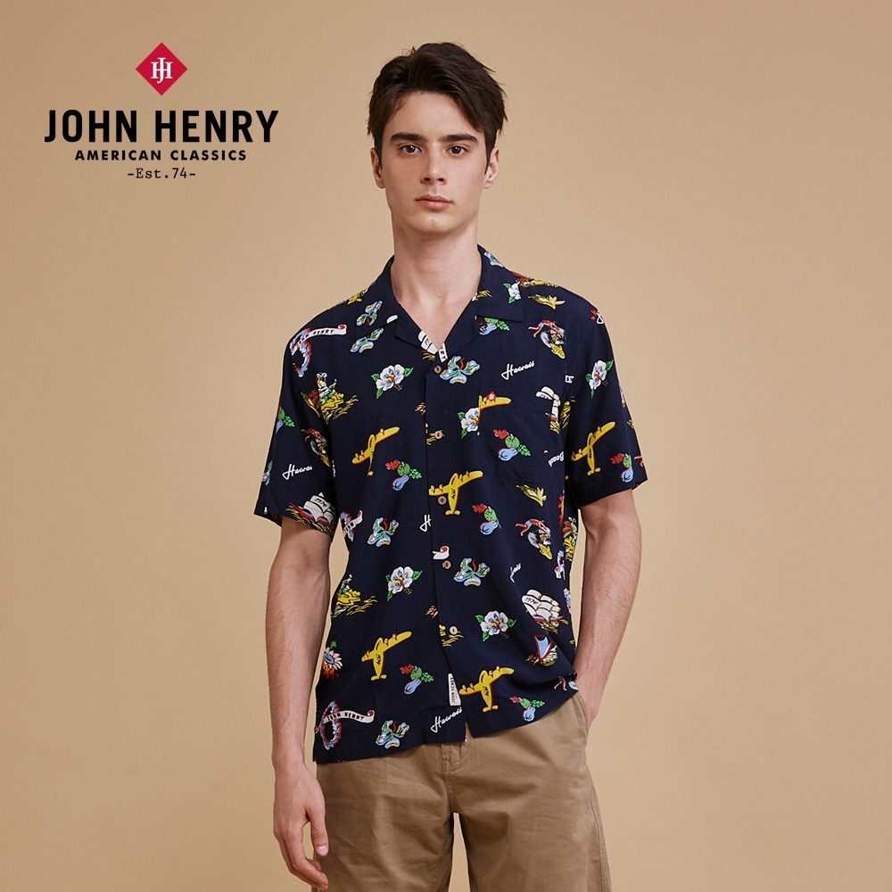 JOHN HENRY 復古夏威夷圖形花襯衫-海軍藍