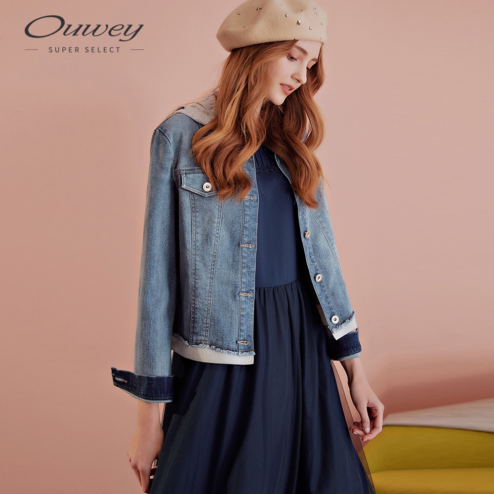 OUWEY歐薇 休閒感可拆式連帽彈性牛仔外套(藍)