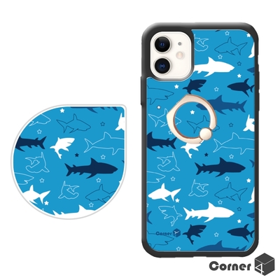 Corner4 iPhone 11 6.1吋防摔指環手機殼-鯊魚世界