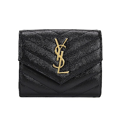 YSL MONOGRAM 魚子醬牛皮信封釦式中夾(黑色)