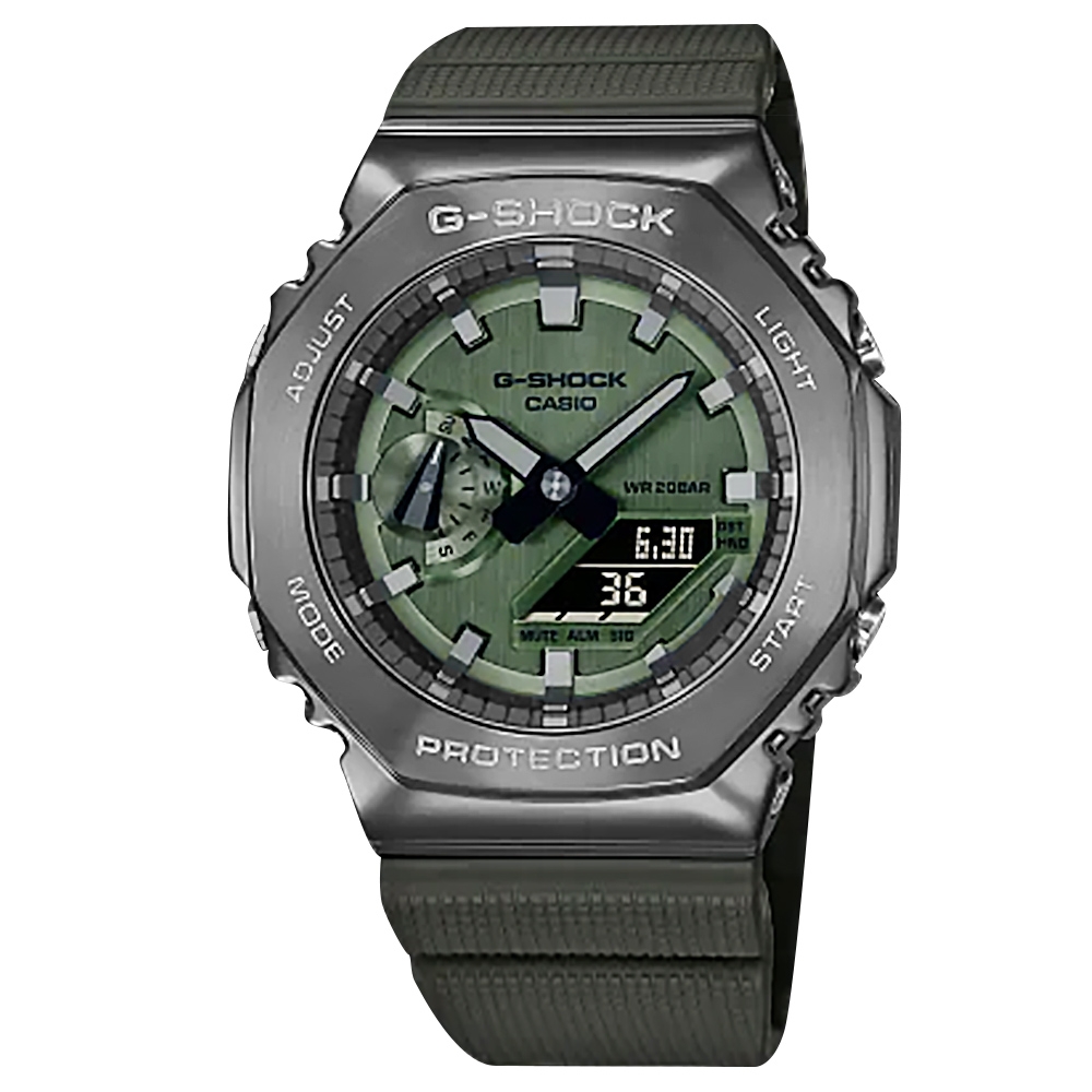 G-SHOCK CASIO 卡西歐 軍事風格 八角金屬 雙顯 防水 橡膠手錶-綠x灰框/45mm